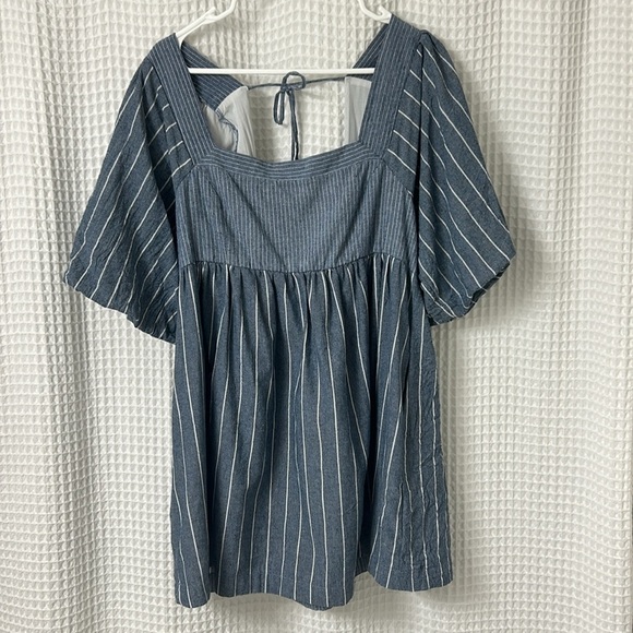 FREE PEOPLE Gigi Striped Puff Sleeve Babydoll Tunic Top EUC Size Large - Picture 2 of 12